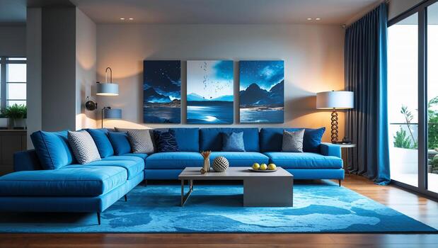 Blue-toned lounge interior with a strong visual mood