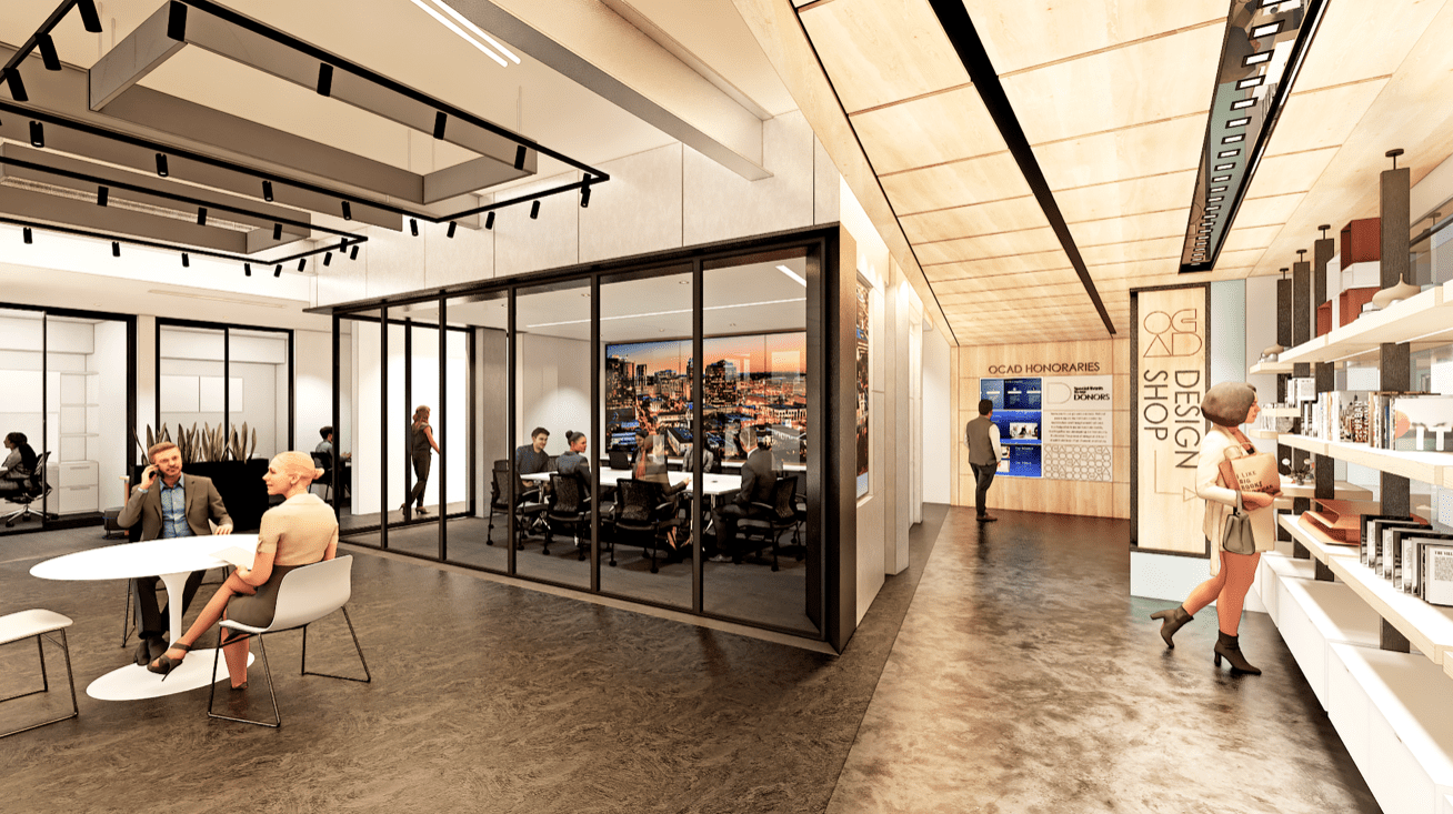 Modern commercial interior with layered materials