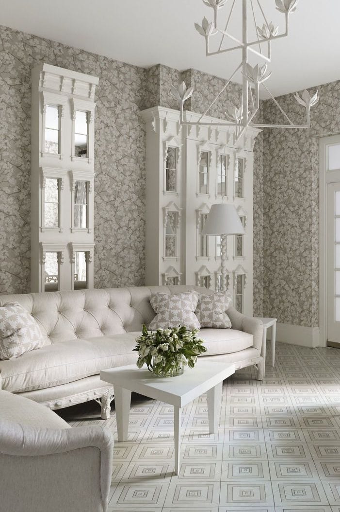 Wallpapered room with a calm residential palette